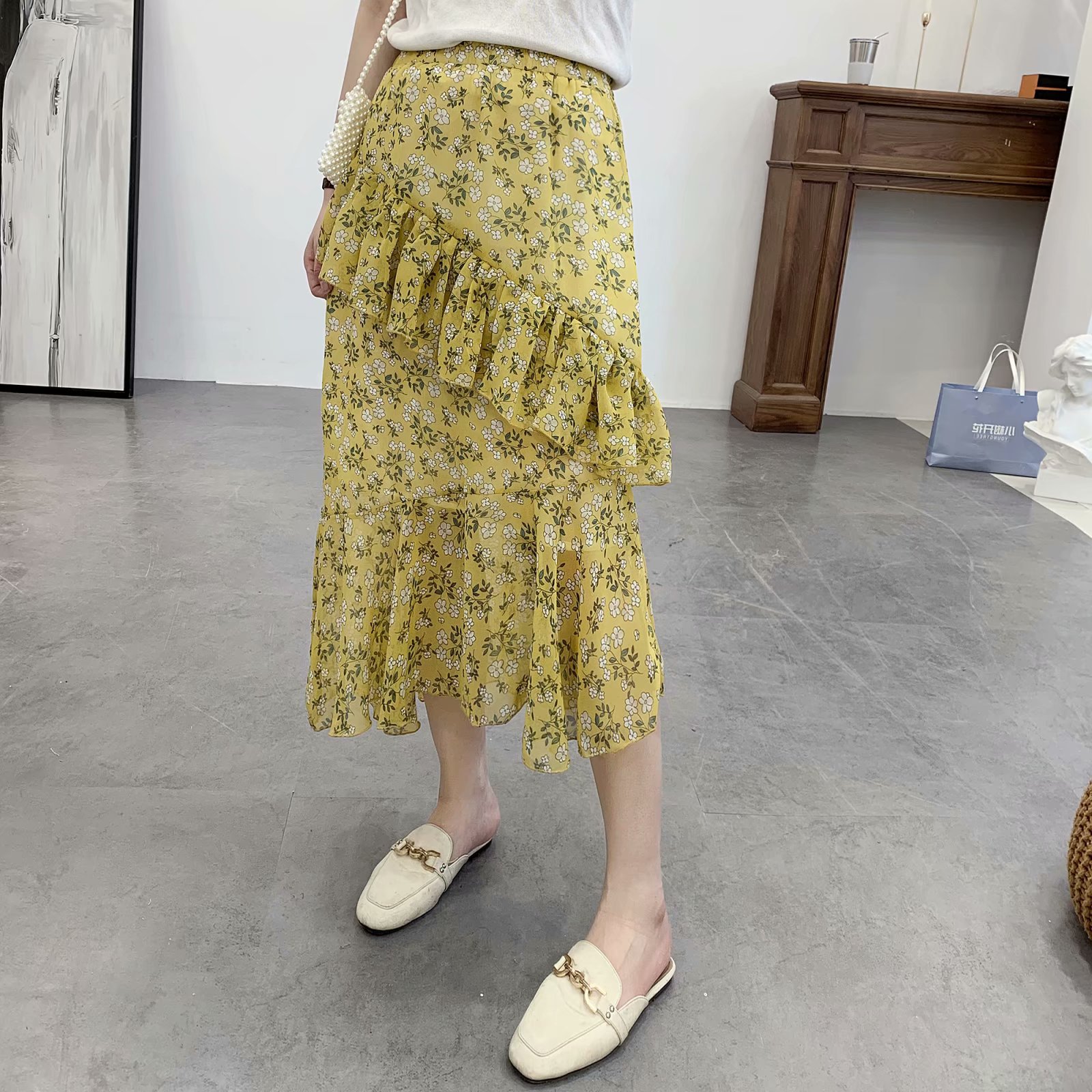 floral mid-length irregular chiffon skirt  NSAM46254