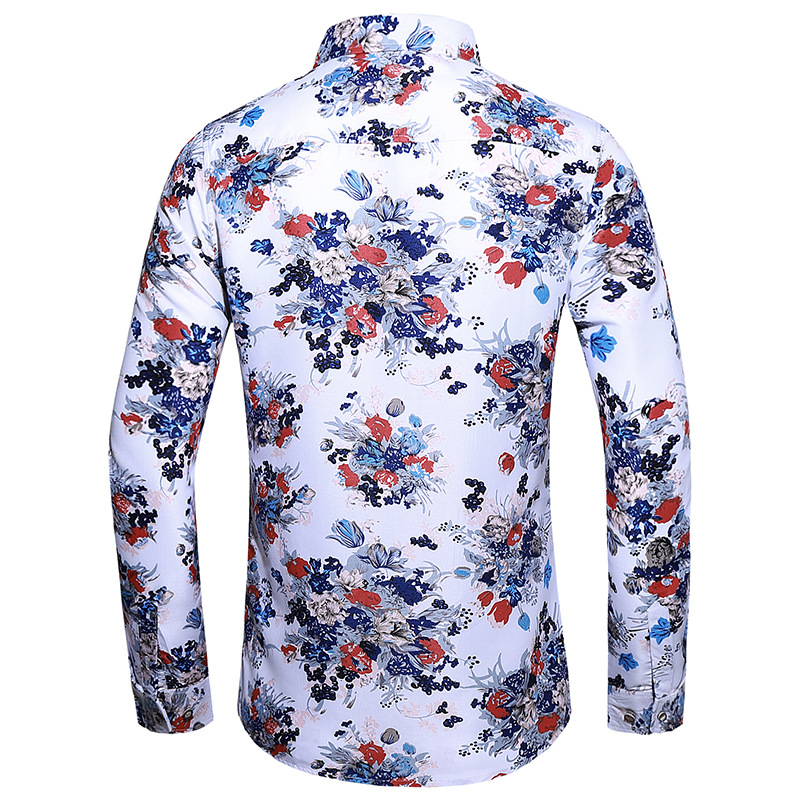 Autumn new plus men's long sleeve hollow out Print Shirt Men's slim British Square Neck Shirt