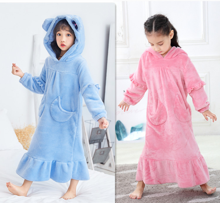 Autumn/Winter Warm Coral Fleece Double-Sided Flannel Long Princess Nightgown/Pajamas with Moon Pockets and Hood