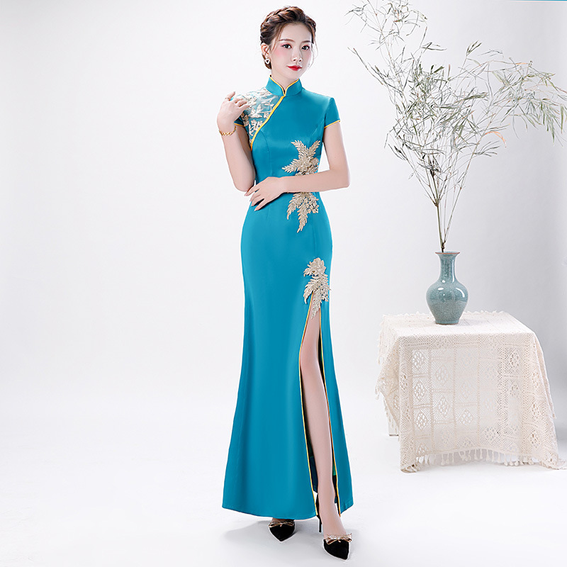 Chinese Dress Qipao for women Fish tail cheongsam sky blue long slit cheongsam ceremonial cheongsam custom made