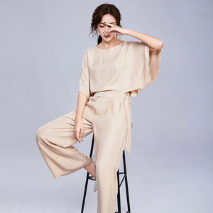 Summer new pure color loose tie casual suit wide legs and pants