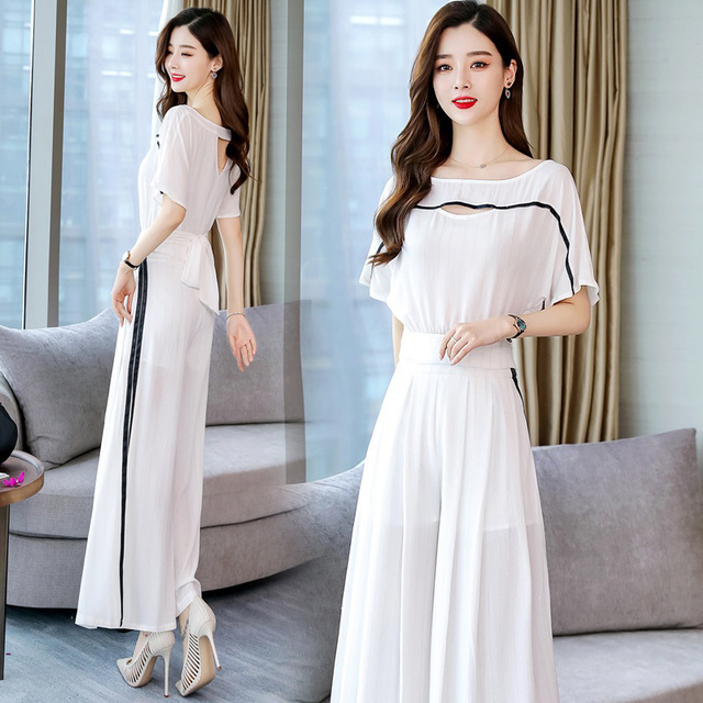 Broad-legged pants suit new summer two-piece Chiffon jacket  