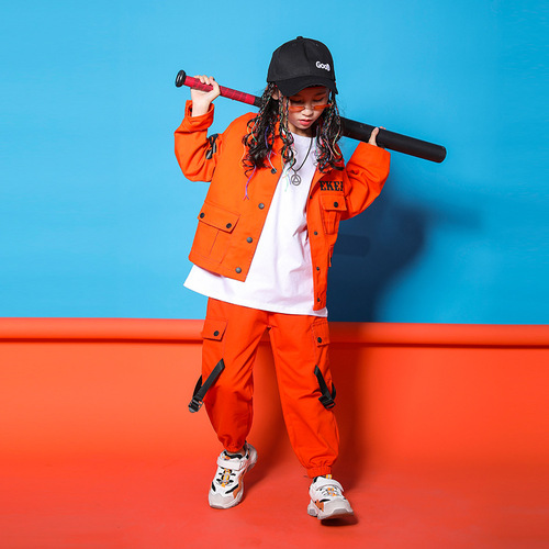 Boy orange color street rapper hip-hop jazz dance costumes girl children gogo dancer modern dance suit tooling model show catwalk performance clothing