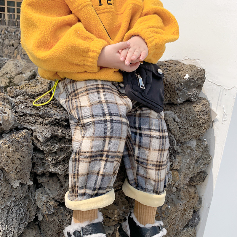 冬季加绒韩版长裤男女童保暖毛呢加厚休闲裤儿童裤子百搭格子长裤