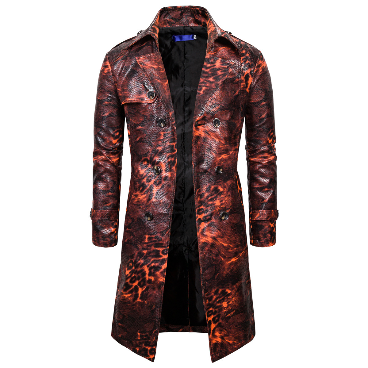 2019 autumn and winter new fashion leopard print medium long double breasted waistband men's windbreaker leather jacket_voghion.com