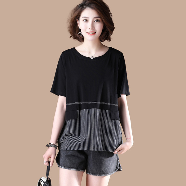 Stripe Stitching T-shirt Short Sleeve and Round Neck Casual Top