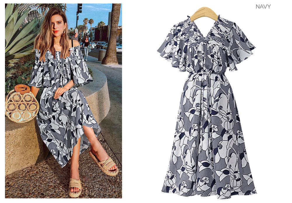 women s printed one-line neck chiffon long dress NSYF1108