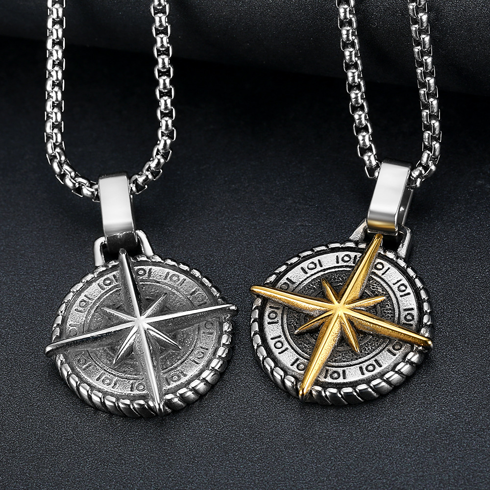 Men'S Gender Polishing Design Retro Compass Star Titanium Steel Polishing Men's Pendant Necklace