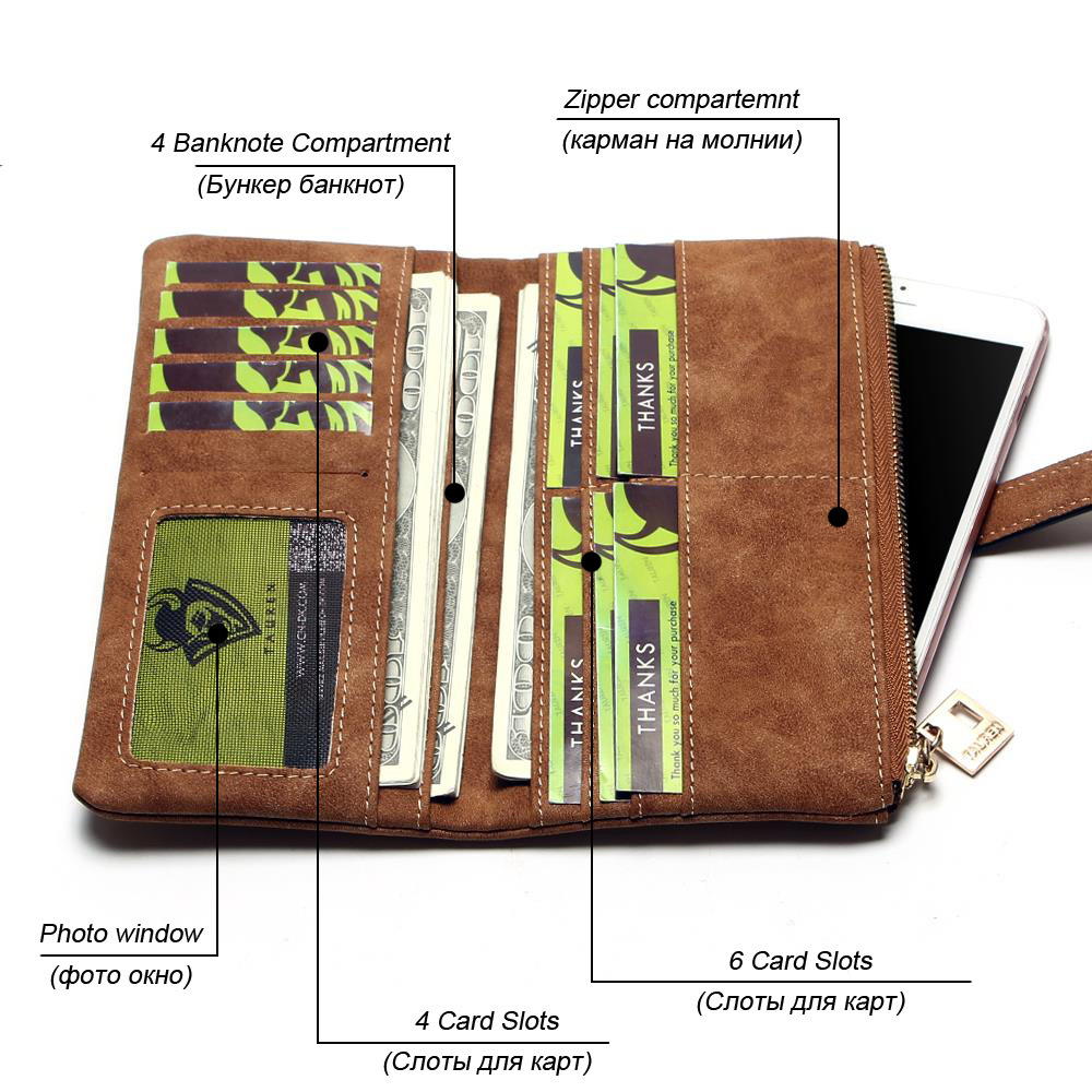 Drawstring Nubuck Leather Zipper Wallet