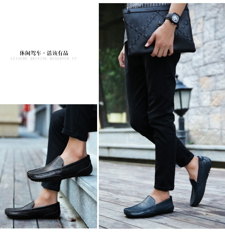 Giày lười nam da bò thật kiểu lái xe mũi tròn đế bệt, thoáng khí quanh năm — màu xanh lam, màu đen, xanh lam lót nhung, Màu nâu chi tiết 4