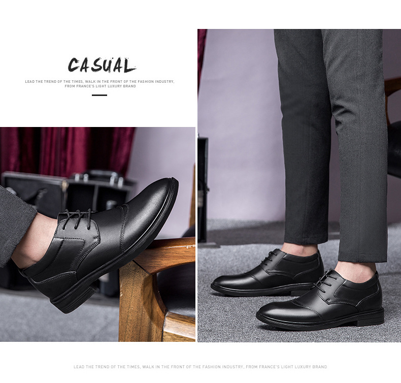 Men's Shoes Inner Height Increase Dress Lace-up Workplace Tooling Leather Shoes Round Head Shallow Mouth Shoes_voghion.com