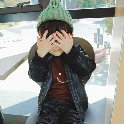 2018冬季新款韩版童装中小童纯色螺纹领加绒皮衣一件代发潮XD7129