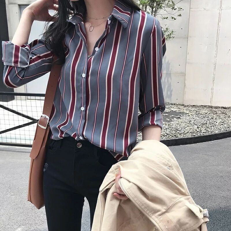 新款女装韩版宽松BF条纹衬衫女长袖上衣打底衬衫薄款