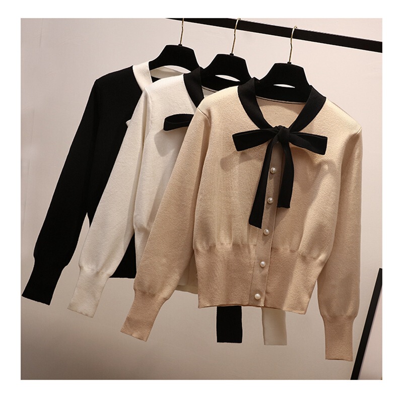 Spring Women's Clothing 2022 Bow Cardigan Sweater Long Sleeve High Waist Short Knitted Jacket Slim Fit