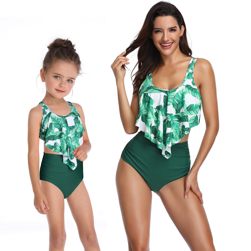 Conjunto de dos piezas tankini de padre e hijo con volantes de cintura alta con cabestrillo estampado NSHYU121337