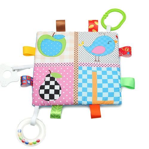 BBSKY Baby Cartoon Tag Doudou Baby Soothing Towel Single Page Rattles Teether Ring Visual Cloth Book