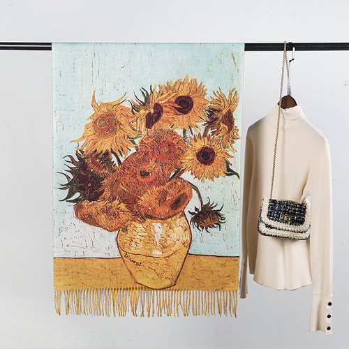 2019 new winter oil painting vase cashmere scarf for women floral tassel warm extended shawl digital