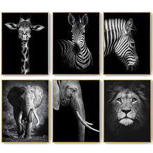 黑白帆布畫動物牆壁藝術獅子大象鹿斑馬海報牆壁圖片裝飾畫