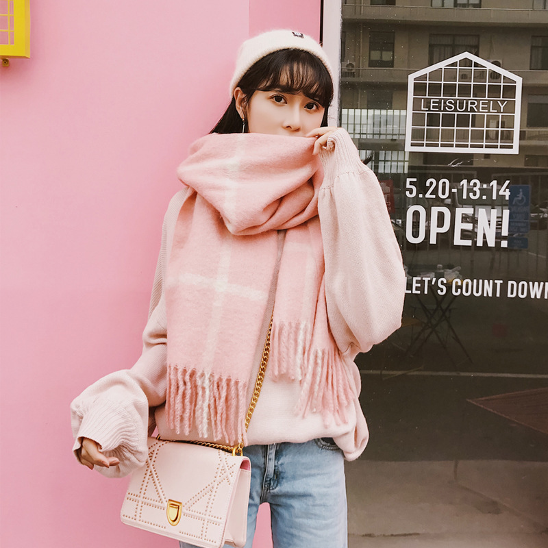 2019围巾女冬季韩版新款学生双面格子仿羊绒披肩两用女士流苏围脖