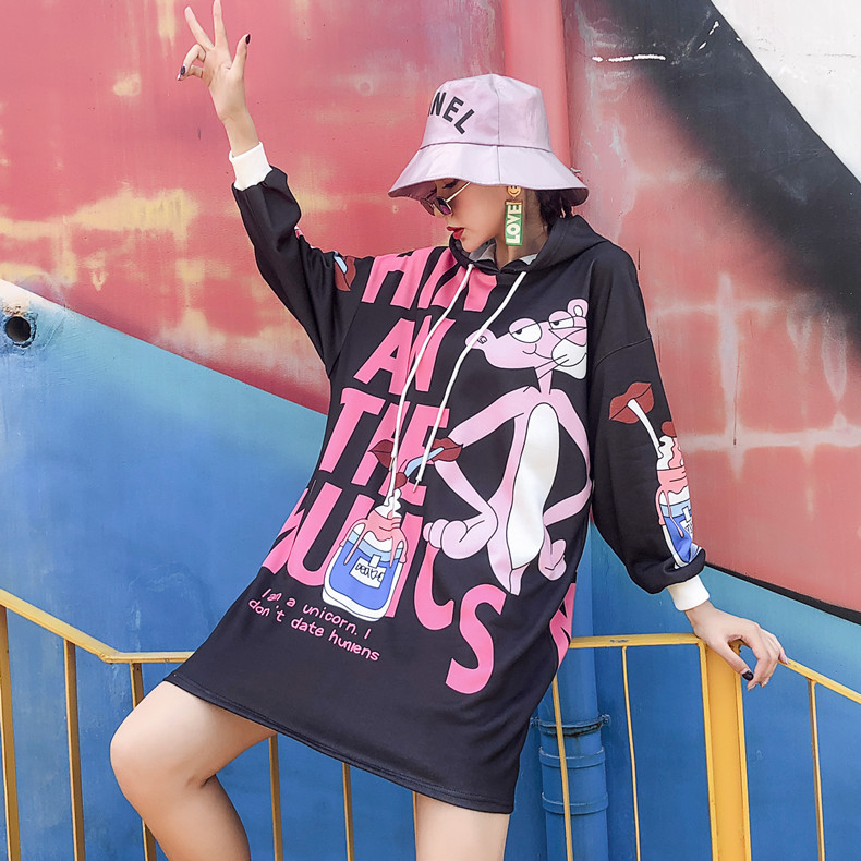 跨境速卖通潮牌女装2021秋冬新款卡通印花宽松大码拼接连帽卫衣|ru