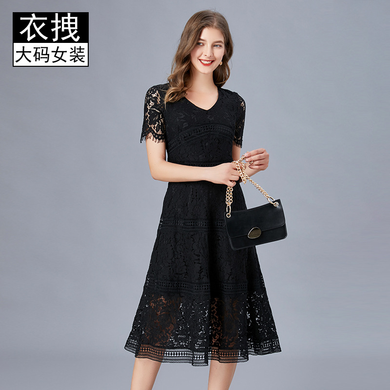 V领睫毛蕾丝连衣裙女 欧美夏装大码新款拼接大摆A字中长裙200斤