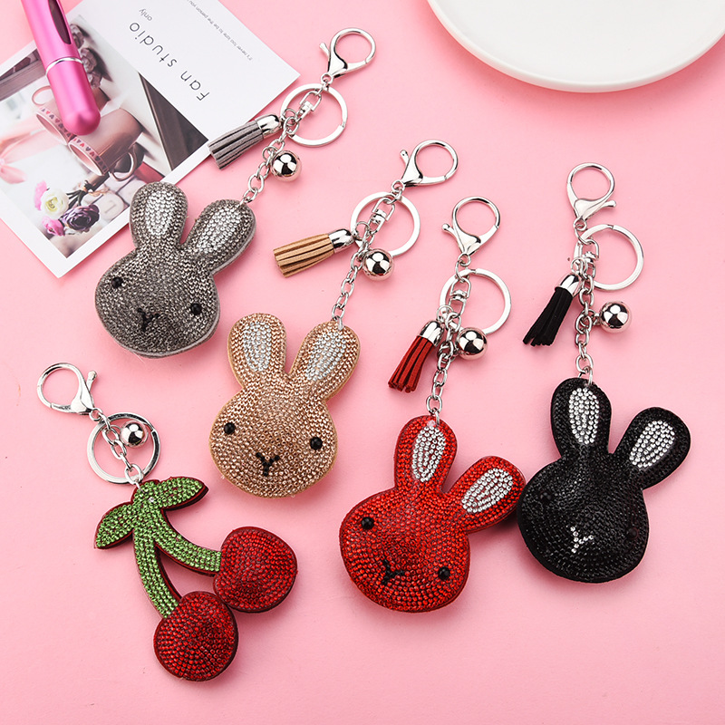 31g Weight Diamond Design Rose Red, Red, Silver, Yellow, Black Color Korean Creative Cartoon Korean Velvet Bunny Spot Drill Keychain Car Key Chain Students' School Bag Pendant Wholesale 4