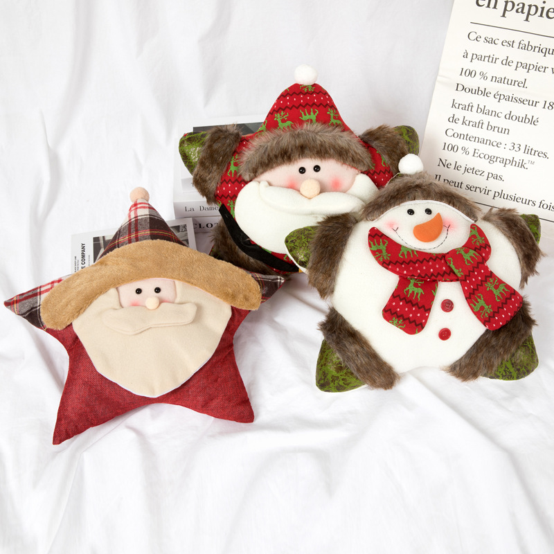 圣诞抱枕时尚卡通雪人圣诞雪花刺绣靠垫长毛五星抱枕圣诞装饰品|ms