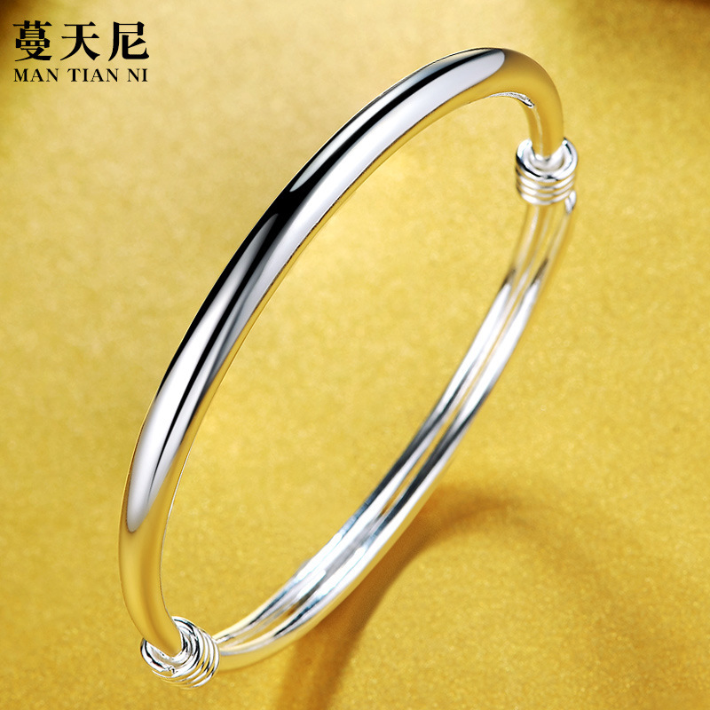 s999足银手镯女实心光面镯子推拉调节银镯年轻送女友妈妈生日礼物