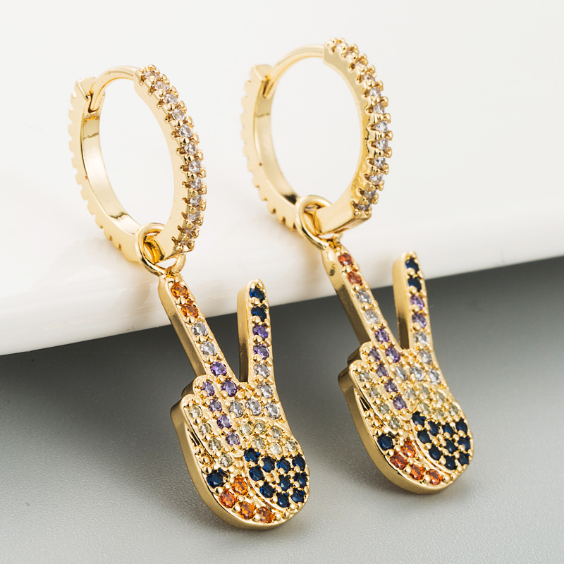 Finger Victory Earrings Female Copper Micro-set Color Zircon Earrings Personalized Fashion Earrings display picture 4