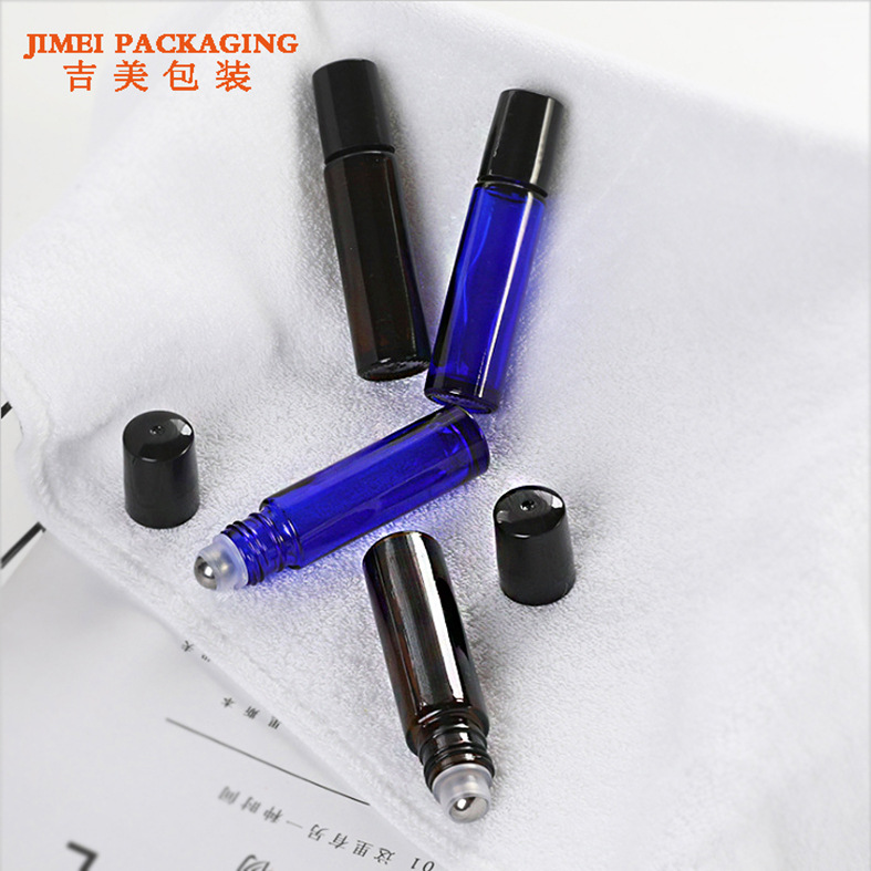 10ml botella de bola de rodillo botella de aceite esencial de vidrio bola de acero inoxidable botella de aceite esencial marrón azul botella de fondo grueso de pared gruesa en stock