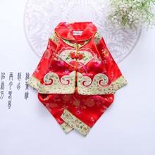中國風新款女童唐裝 秋款兒童套裝過年禮服可愛裝 寶寶綢緞喜慶服