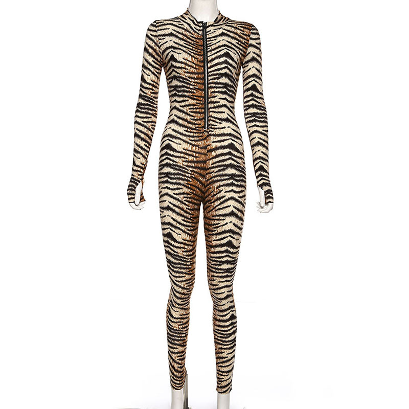 Wholesale Sexy Tiger Print Zip Long Sleeve Bodycon Jumpsuit Winter ...