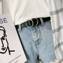 双圆扣皮带女潮流个性牛仔银色圆扣裤腰带女ins风百搭韩国学生黑