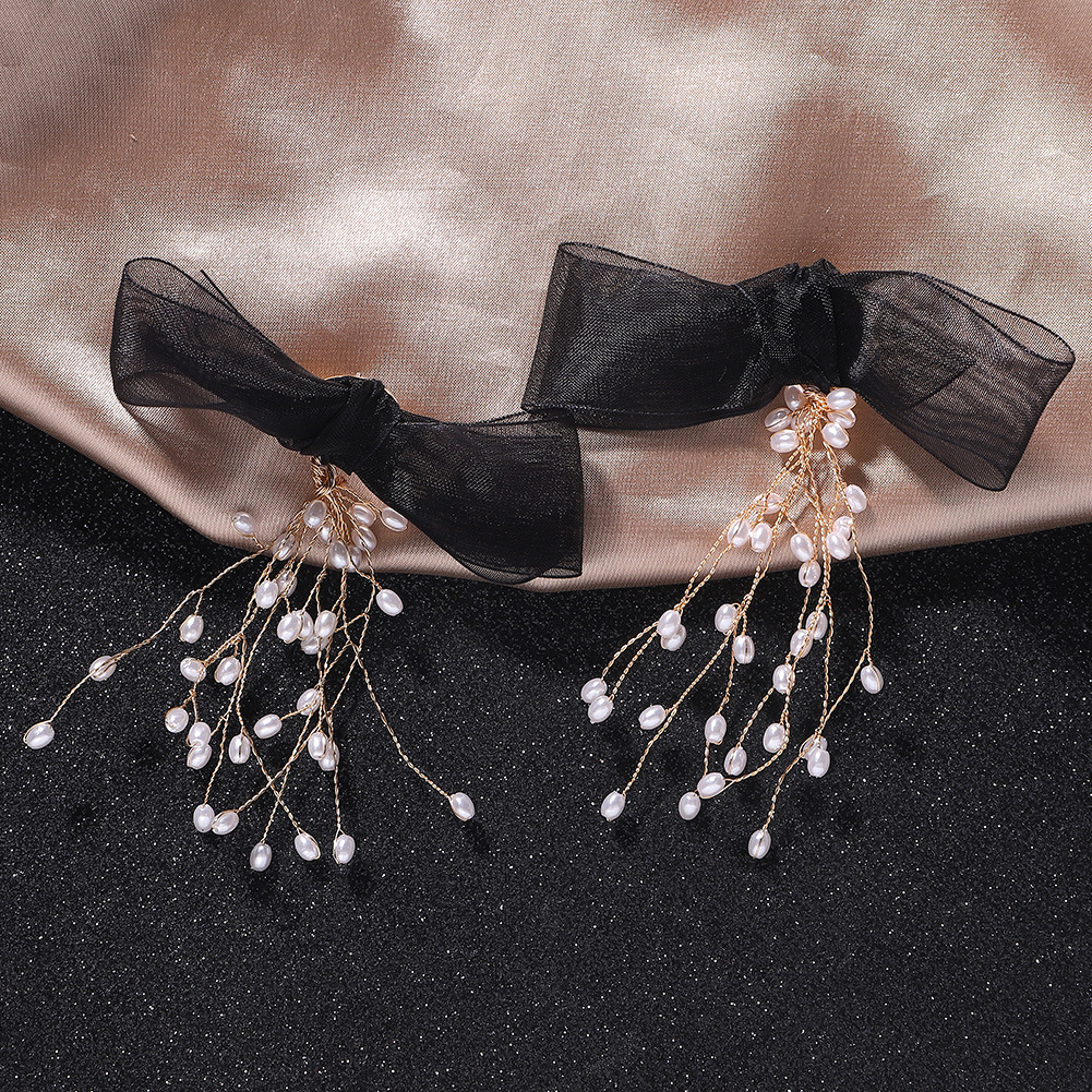 Mesh Pearl Beaded Bow Earrings Exaggerated Earrings display picture 5