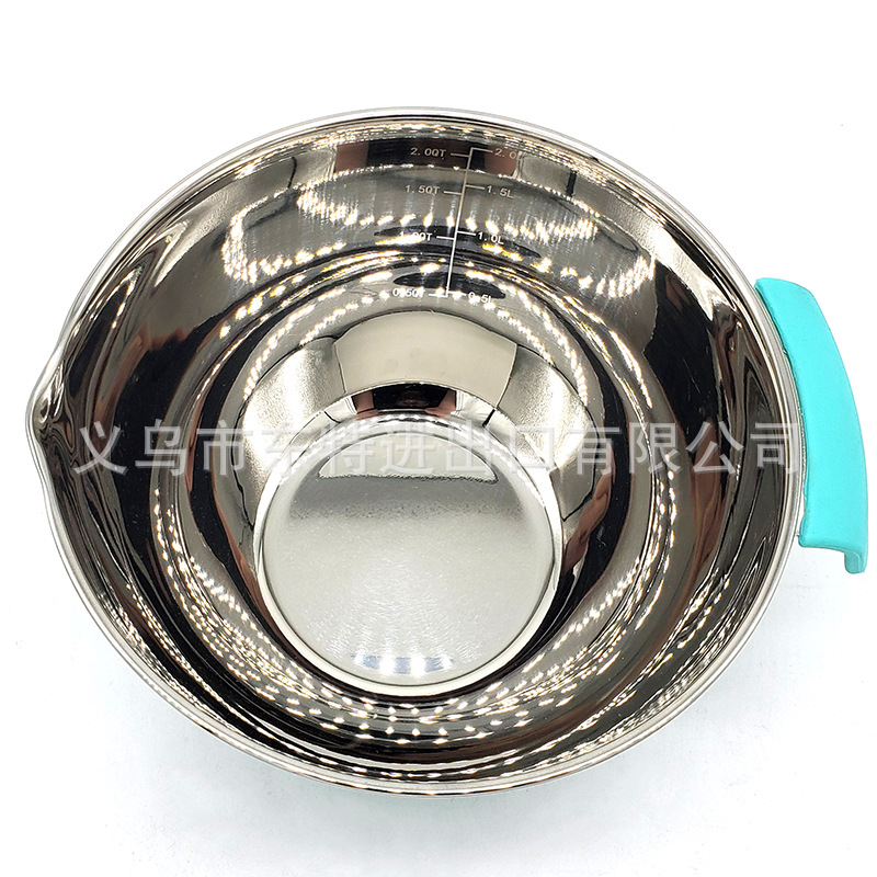 Factory direct sales stainless steel salad basin, high-quality stainless steel silicone handle basin, salad bowl with scale, anti-slip baking detail image 6