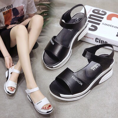 2019夏季新款鱼嘴坡跟女凉鞋时尚防水台搭扣罗马女鞋外贸大码批发|ru