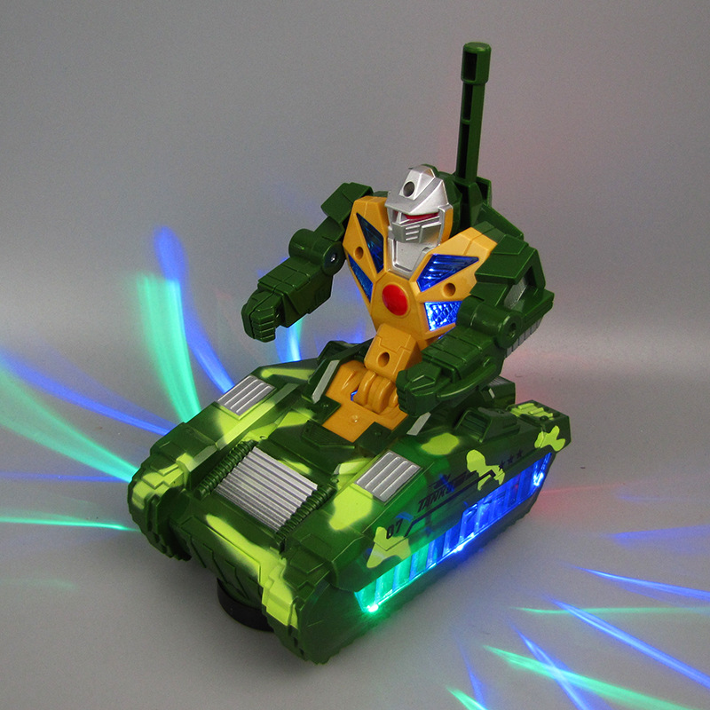 Deformación eléctrica tanque de rotación universal de música ligera robot de juguete eléctrico serie militar modelo de juguete