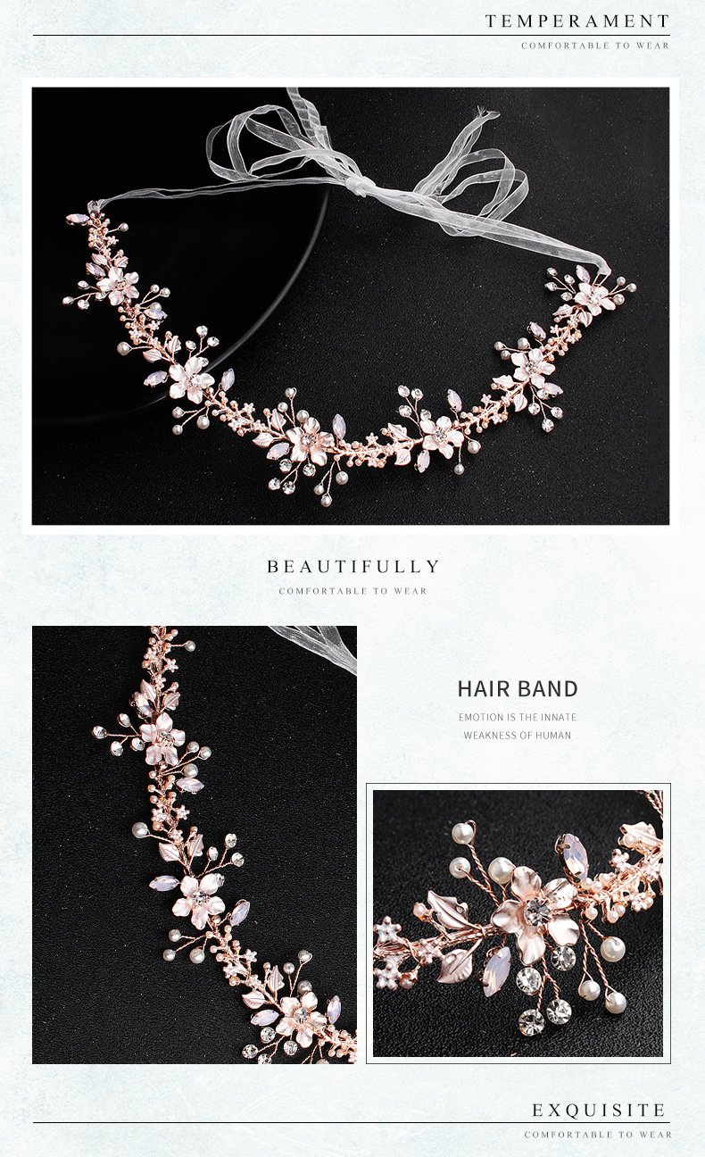 Simple Pearl Bridal Hair Band Rose Gold Jelly Rhinestone Alloy Headband Wedding Headwear Accessories display picture 2