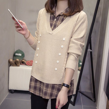 秋冬装2022年网红慵懒风毛衣衬衫女原宿针织衫假两件套上衣女格纹