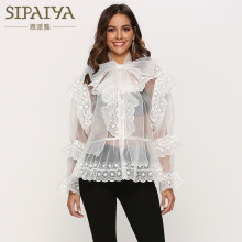 2024夏季新款欧美透视性感清凉衬衫休闲中长款欧根纱蝴蝶结上衣女