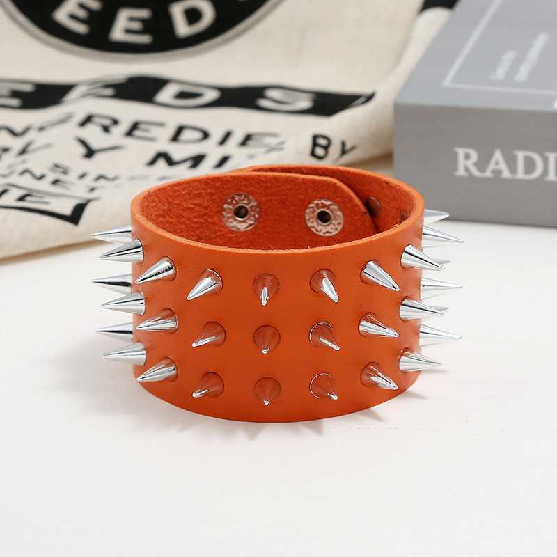 Menu0027s Leather Bracelet European and American Punk Non-mainstream Three-row Spike Rivet Bracelet 