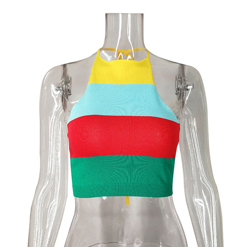 Fashionable Summer Women's Clothing for Foreign Trade: Halterneck Backless Sexy Strappy Outerwear Base Layer Striped Camisole for Chic Girls