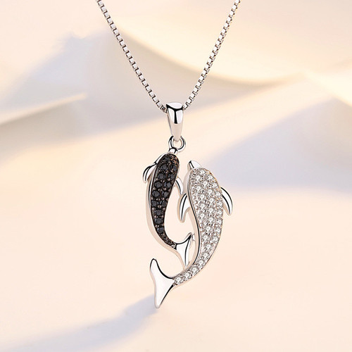Black and White Zirconia Double Dolphin Necklace for Women Trendy Clavicle Minority Influencer Pendant Valentine's Day Gift for Girlfriend Wholesale