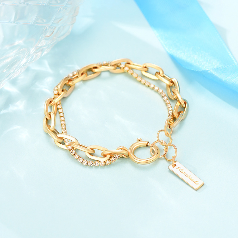 European And American Fashion Hipster Copper Thick Chain Double Rhinestone Bracelet display picture 3