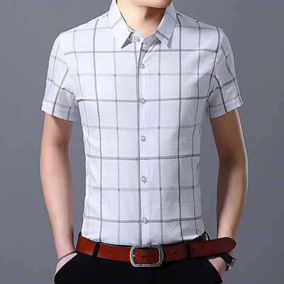 留意2020夏季新款品牌男装 韩版格纹男式翻领短袖衬衫 休闲衬衫男|ru
