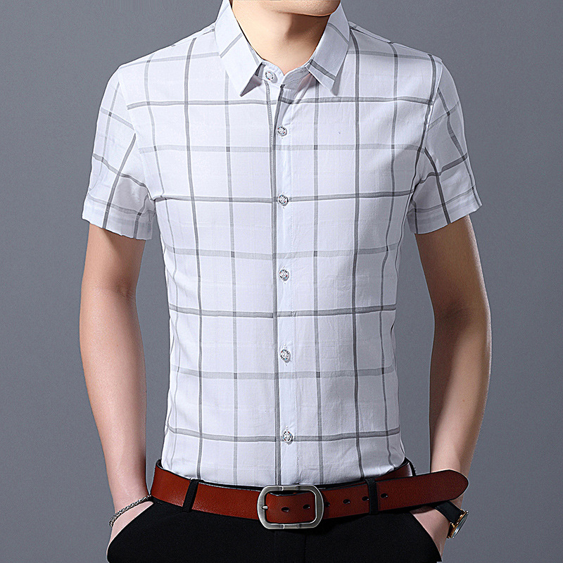 留意2020夏季新款品牌男装 韩版格纹男式翻领短袖衬衫 休闲衬衫男|ru