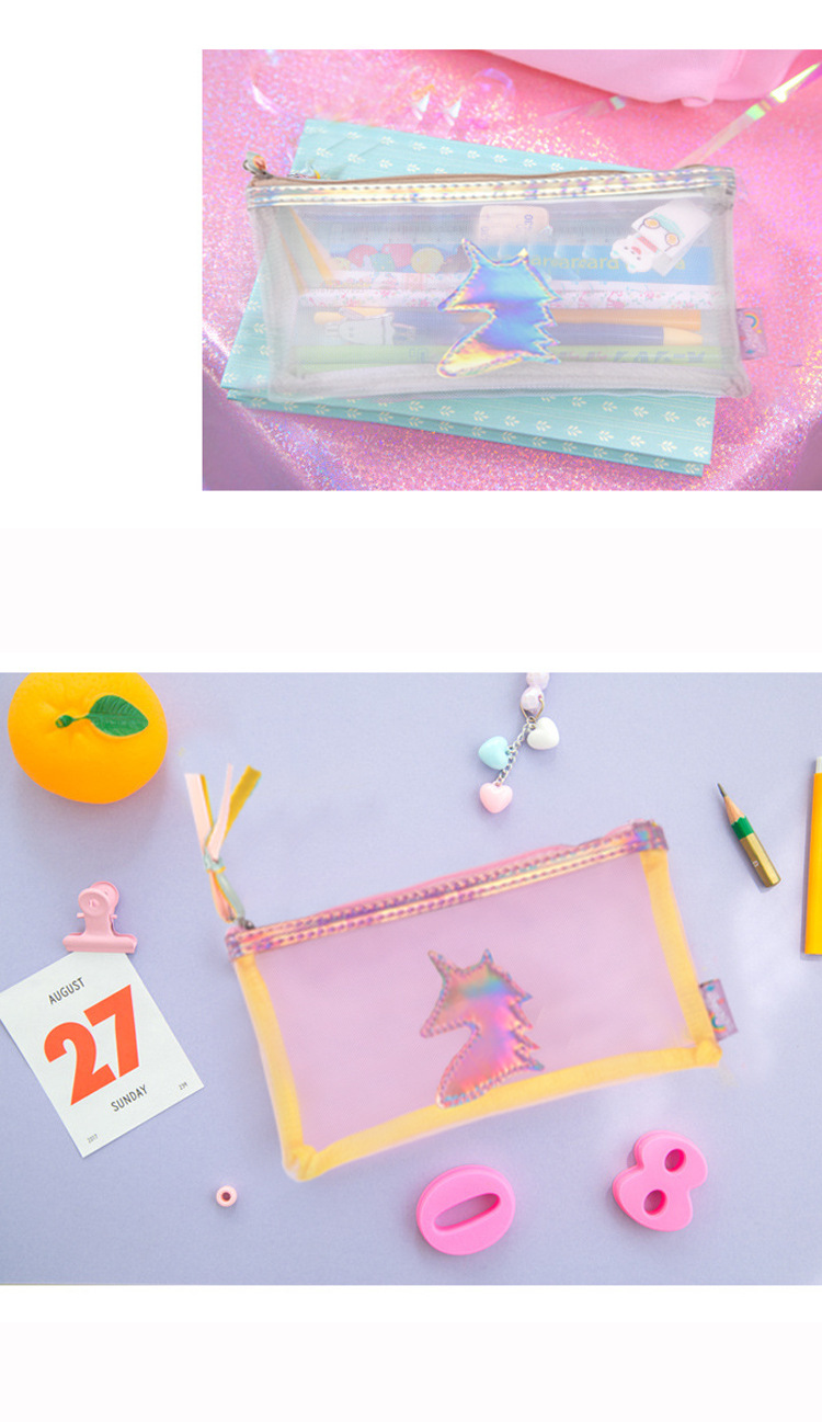 Korean unicorn mesh pencil case color student pencil case cute girl heart tassel storage box wholesale nihaojewelrypicture6