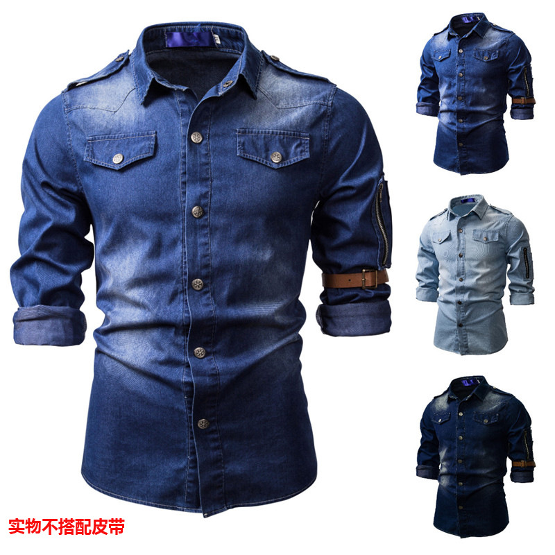 New men's washed denim Long Sleeve Shirt Men's casual slim square collar long sleeve shirt in autumn and winter of 2019