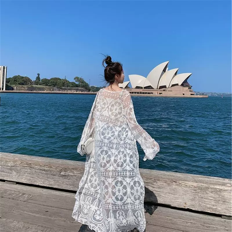 速卖通爆款 沙滩水溶蕾丝防晒衣女 长款刺绣罩衫长袖系带开衫外套