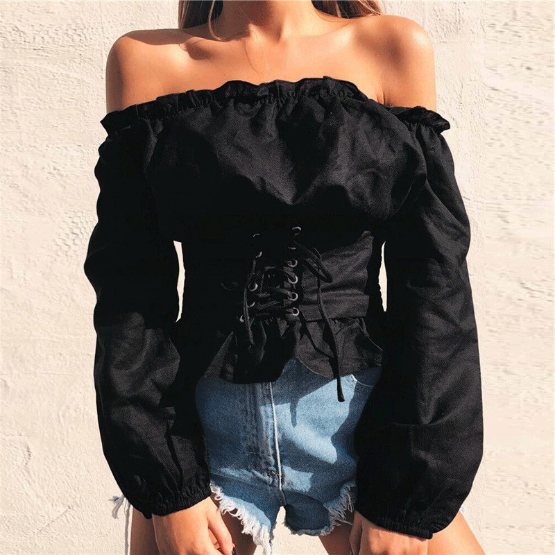 Europe and the United States 2019 Spring Women's AliExpress Explosive Solid Color One-line Neck Waistband Strapless Lantern Sleeve T-shirt